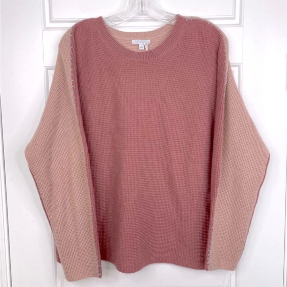 JOHNNY WAS CALME 100% Cashmere NEW Color Block Waffle Sweater Pink Size L